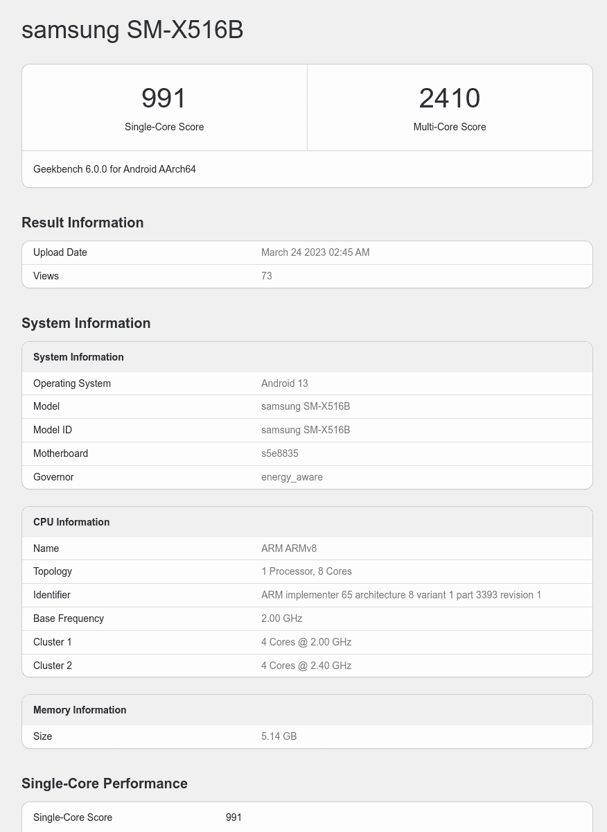 Modèles Samsung Galaxy Tab S9 FE/Lite sur Geekbench