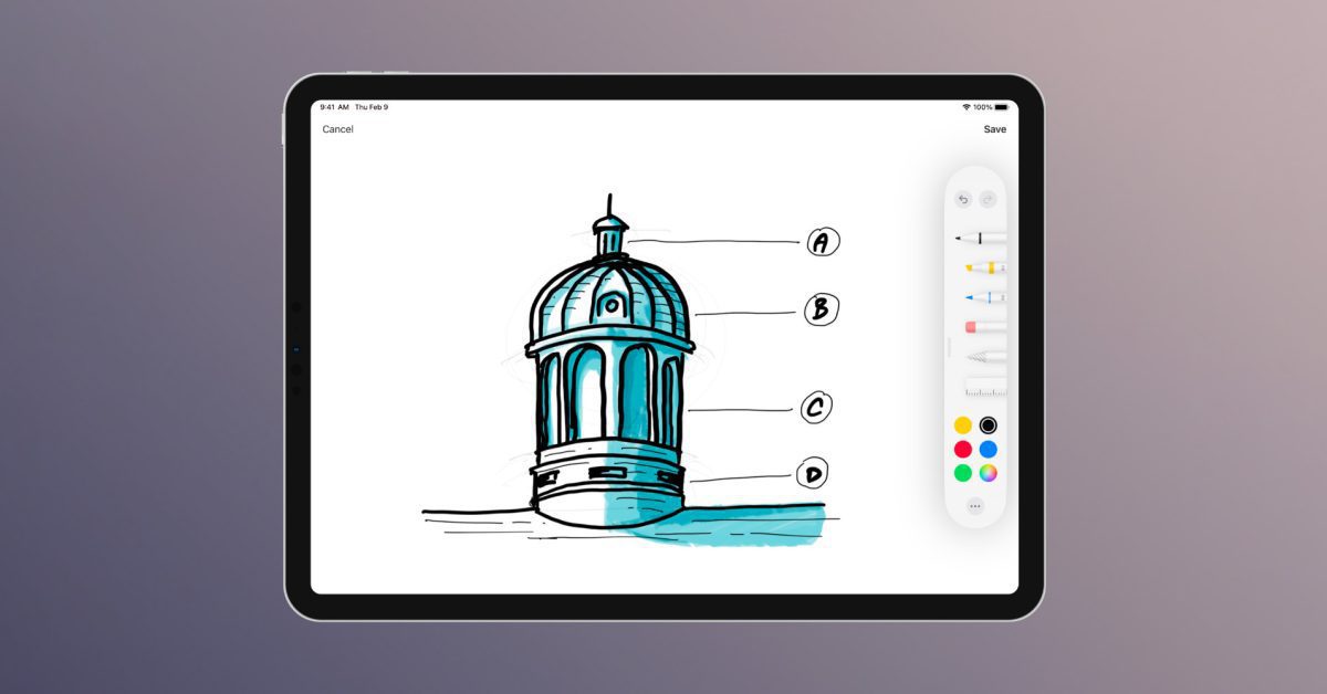 Ulysse ajoute des croquis avec Apple Pencil, des importations de tableaux, etc.