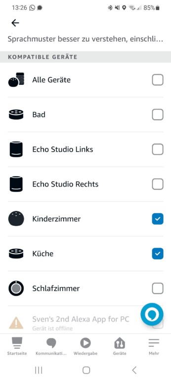 Alexa : comment activer l'écoute adaptative 3 Sélectionnez les appareils compatibles qui doivent recevoir l'écoute adaptative. (Capture d'écran)