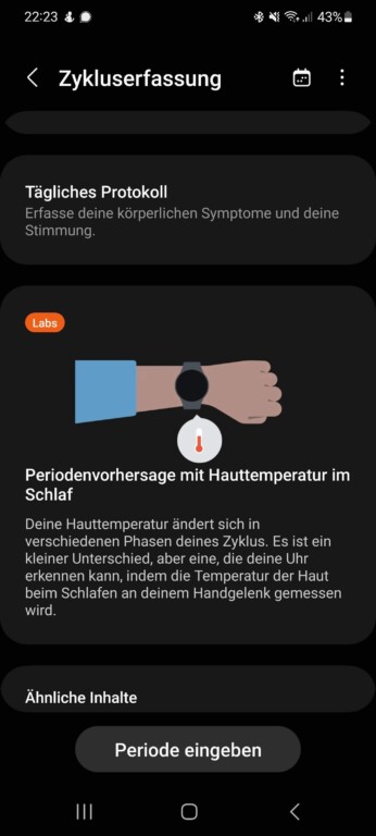 Samsung Galaxy Watch5 : Comment utiliser le suivi du cycle avec le capteur de température 5 Le capteur de température cutanée est actuellement en phase bêta. Samsung appelle cela "Labs". (Capture d