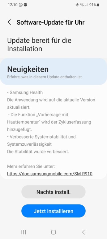 Samsung Galaxy Watch5 : Comment utiliser le suivi du cycle avec le capteur de température 2 La mise à jour de votre smartwatch est importante. Vous pouvez les mettre à jour via Samsung Wearable ou directement sur la montre. (Capture d'écran)