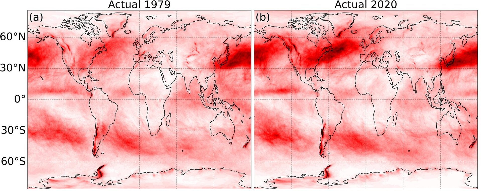 Pourquoi le réchauffement climatique augmente la turbulence en vol (et ne fera qu'empirer) 3 Probabilités annuelles moyennes de rencontrer des turbulences en air libre (CAT) modérées ou plus fortes en 1979 (a) et en (a) en 2020 (b), L'intensité du rouge indique une probabilité plus élevée / Crédit : M. Proser et al. Lettres de recherche géophysique 2023.