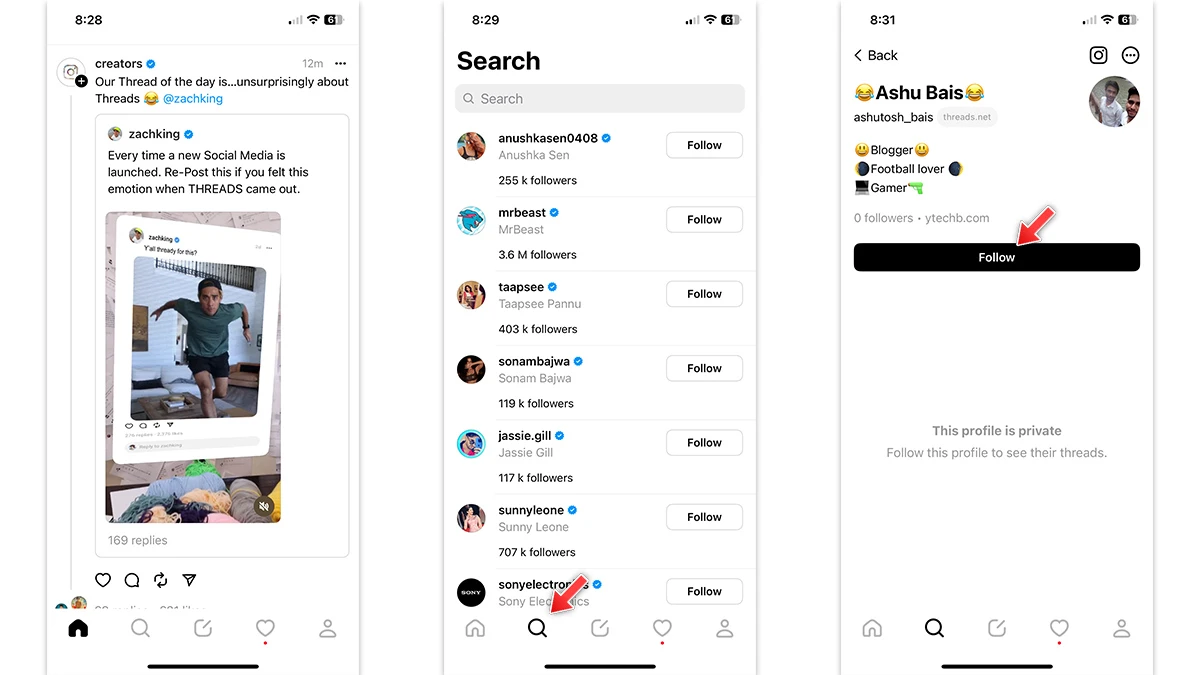 Comment suivre et ne pas suivre sur Threads, une application Instagram ? 2 Comment suivre sur Threads