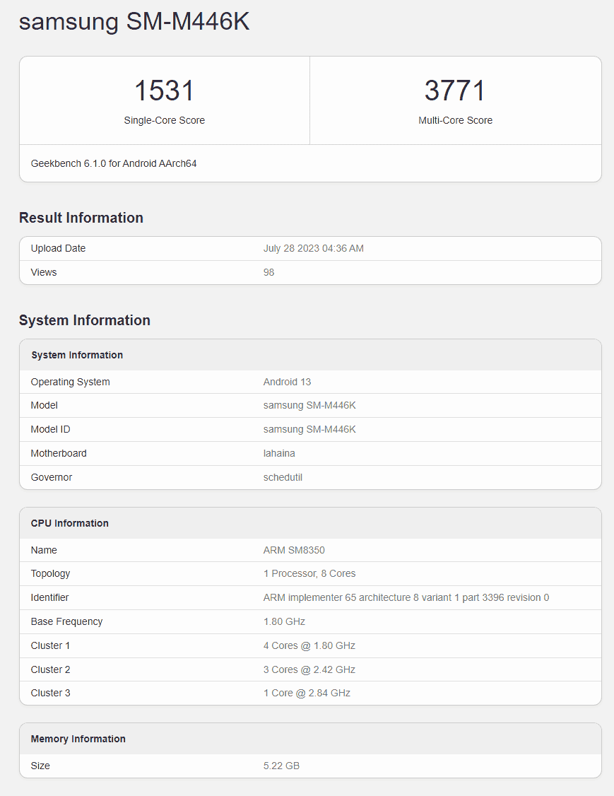 Samsung Galaxy M44 5G apparaît sur la base de données GeekBench - utilise le SoC Snapdragon 888 2 Samsung Galaxy M44 5G