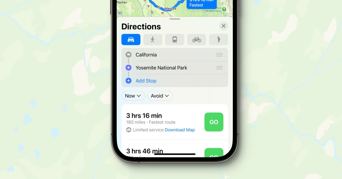 iOS 17 Apple Maps suggests an offline map to download when getting directions to an area with poor cell service