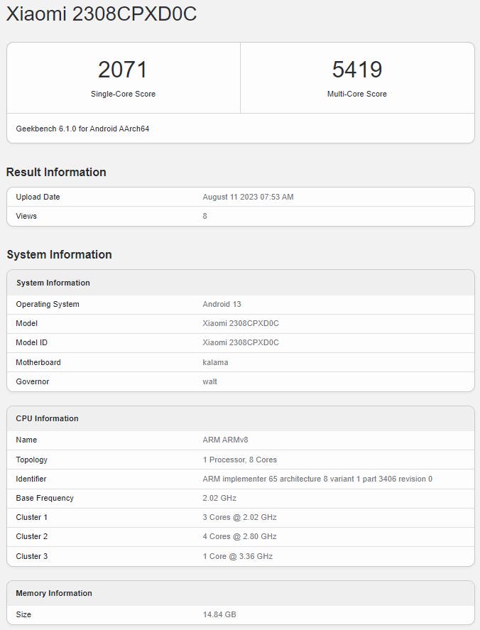 Xiaomi Mix Fold 3 Geekbench