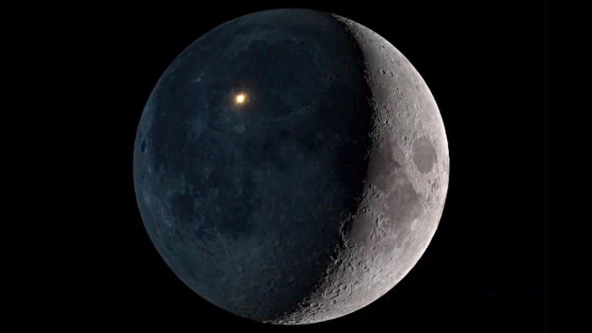 Ilustração de explosão e cratera na Lua causada por um foguetão chinês