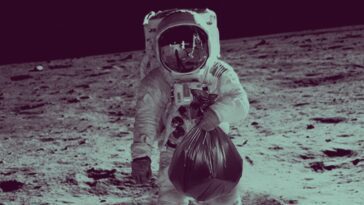 La NASA possède un inventaire de tout ce qu'elle a laissé sur la Lune - Des sacs avec vomissements aux balles de golf 12 Ilustração de astronauta a trazer o lixo que a NASA deixou na Lua