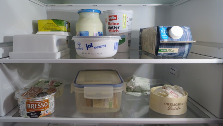 Milch, Butter und Käse im Kühlschrank