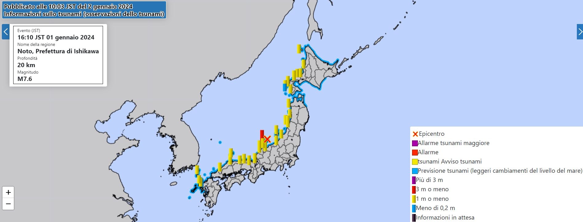 Séisme au Japon, désormais on craint des secousses de réplique intenses : "Elles peuvent durer plusieurs mois" 3 L'epicentro del terremoto che ha colpito la prefettura di Ishikawa (Giappone) il 1° gennaio 2024 e aggiornamento al 2 gennaio su allerte e osservazioni di tsunami / Credit: Agenzia meteorologica giapponese