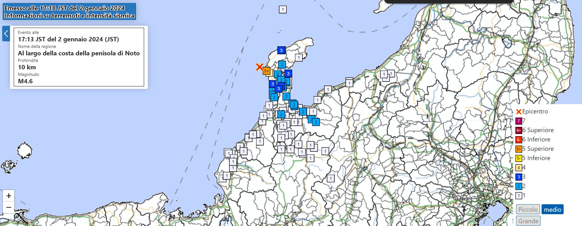 Séisme au Japon, désormais on craint des secousses de réplique intenses : "Elles peuvent durer plusieurs mois" 4 Epicentro del sisma principale e scosse di assestamento finora registrate / Credit: Agenzia meteorologica giapponese