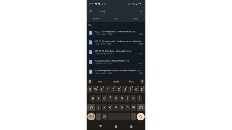 Trouver des médias, des liens et des documents dans WhatsApp : Voici comment faire 3 Mit dem Sternchen kannst du nach Dateitypen oder Namensbestandteilen der Datei filtern. (Eigener Screenshot)