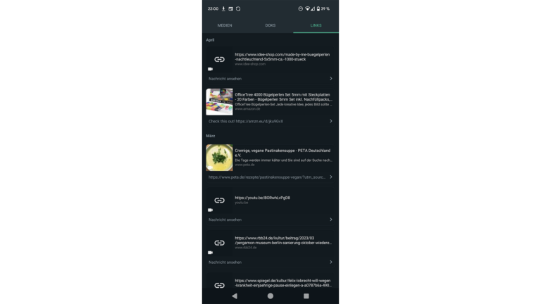 Trouver des médias, des liens et des documents dans WhatsApp : Voici comment faire 4 Die Seiten zu Links durchsucht WhatsApp nicht, kann aber immerhin die Anreißertexte in die Suche einbeziehen. (Eigener Screenshot)