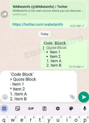Comment écrire des listes et des citations directement sur WhatsApp 3 WABETAINFO | Blocchi codice di WhatsApp