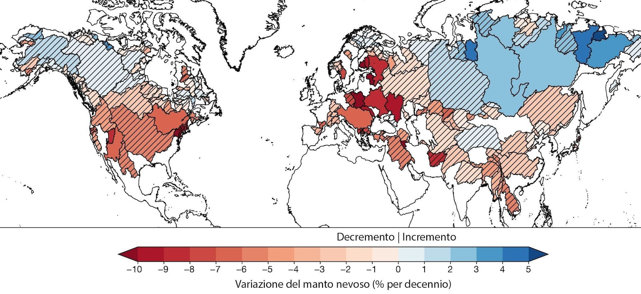 La neige disparaît à cause de nous : une nouvelle étude montre où nous en avons perdu le plus 3 La variazione percentuale del manto nevoso causata dai cambiamenti climatici nei bacini fluviali tra il 1981 e il 2020. Il rosso indica una diminuzione e il blu indica un aumento. Il manto nevoso in alcuni bacini idrografici settentrionali è aumentato poiché il cambiamento climatico ha portato a maggiori precipitazioni / Credit: Gottlieb AR et al., Nature 2024.
