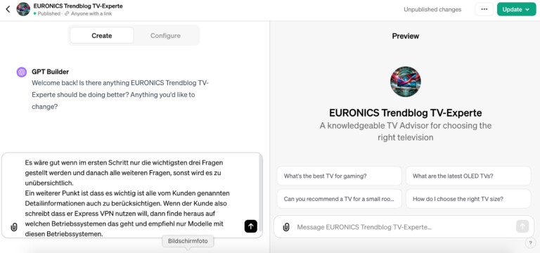 ChatGPT : Créer sa propre application – voici comment c'est facile 8 Donne des retours à ton GPT