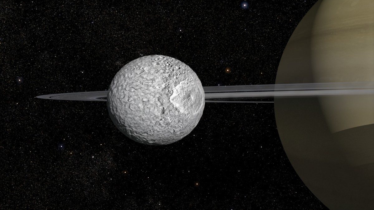 Mimas devant Saturne. Crédit : Frédéric Durillon, Animea Studio/Observatoire de Paris–PSL, IMCCE