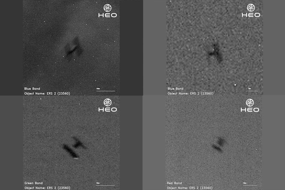 Séquence d'images de la chute incontrôlée d'ERS-2 sur Terre : acquises par d'autres satellites dans l'espace, elles ont été traitées par HEO, une entreprise australienne basée au Royaume-Uni spécialisée dans la recherche et le soutien de la sécurité et de la durabilité spatiales. Crédit : HEO/UK Space Agency