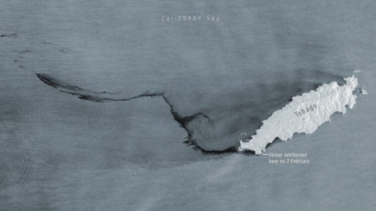Barge se renverse et perd 35 000 barils de pétrole en mer : une monstrueuse nappe de 278 km se forme 1 La langue de pétrole qui s'échappe de la barge. Crédit : Copernicus