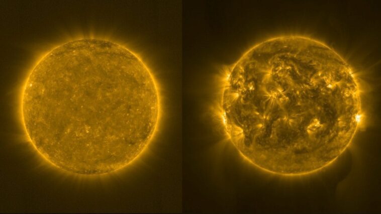 Le Soleil, de calme à agité en 3 ans : la transformation de l'étoile dans les images de l'ESA 1 A sinistra il Sole a febbraio 2021, a destra a ottobre 2023. Credit: ESA & NASA/Solar Orbiter/EUI Team
