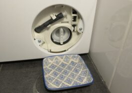 Waschmaschine mit Schale vor Flusensieb