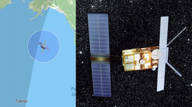Où est tombé le satellite ERS-2 aujourd'hui, le satellite européen s'écrase sur Terre 1 Le lieu où s'est produite la rentrée non contrôlée du satellite ERS-2 de l'ESA et une illustration du satellite. Crédit : SatFlare/ESA