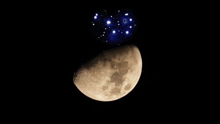 Qu'est-ce que le merveilleux chapeau d'étoiles sur la Lune d'aujourd'hui, vendredi 16 février 2024 1 la Lune e le Pleiadi: Credit: Andrea Centini / Stellarium