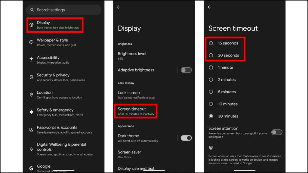 14 Meilleurs Conseils et Astuces pour Économiser la Batterie des Téléphones Pixel 3 Définissez un délai de mise en veille inférieur de l'écran