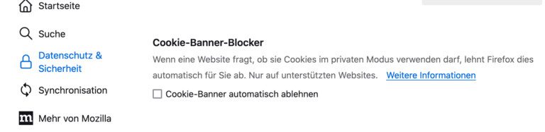 Firefox : Désactivez définitivement les irritants bannières de cookies 5 Cookie Banner abschalten