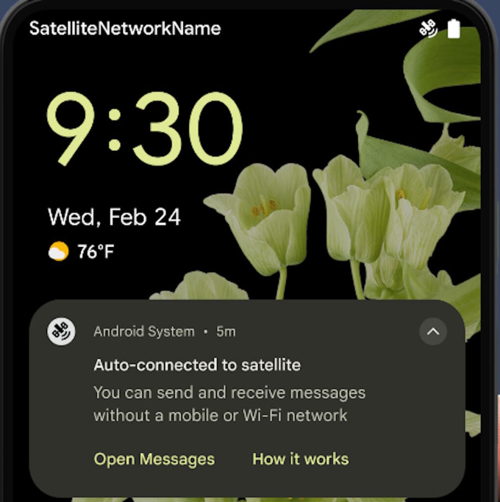 Communication par satellite Google Android 15