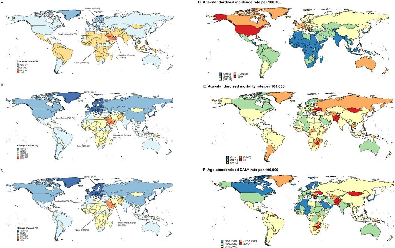 À gauche, variation relative des cas d'incidence (A), décès (B) et années de vie corrigées pour l'incapacité (C) de cancers à début précoce de 1990 à 2019, et taux d'incidence standardisé par âge (D), taux de mortalité standardisé par âge (E), années de vie corrigées pour l'incapacité standardisées par âge (F) en 2019 / Crédit : BMJ Oncology