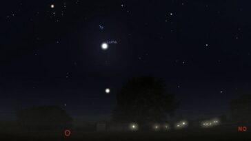 Aujourd'hui, 14 mars 2024, la Lune sera entourée de gemmes lumineuses : qu'est-ce qu'elles sont et à quelle heure les voir 18 La simulation de la conjonction astrale de ce soir. Crédit : Stellarium