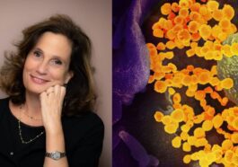 À gauche, la virologue Ilaria Capua (Crédit : Isabella Balena), à droite, des particules virales du coronavirus SARS-CoV-2 (Crédit : NIAID)