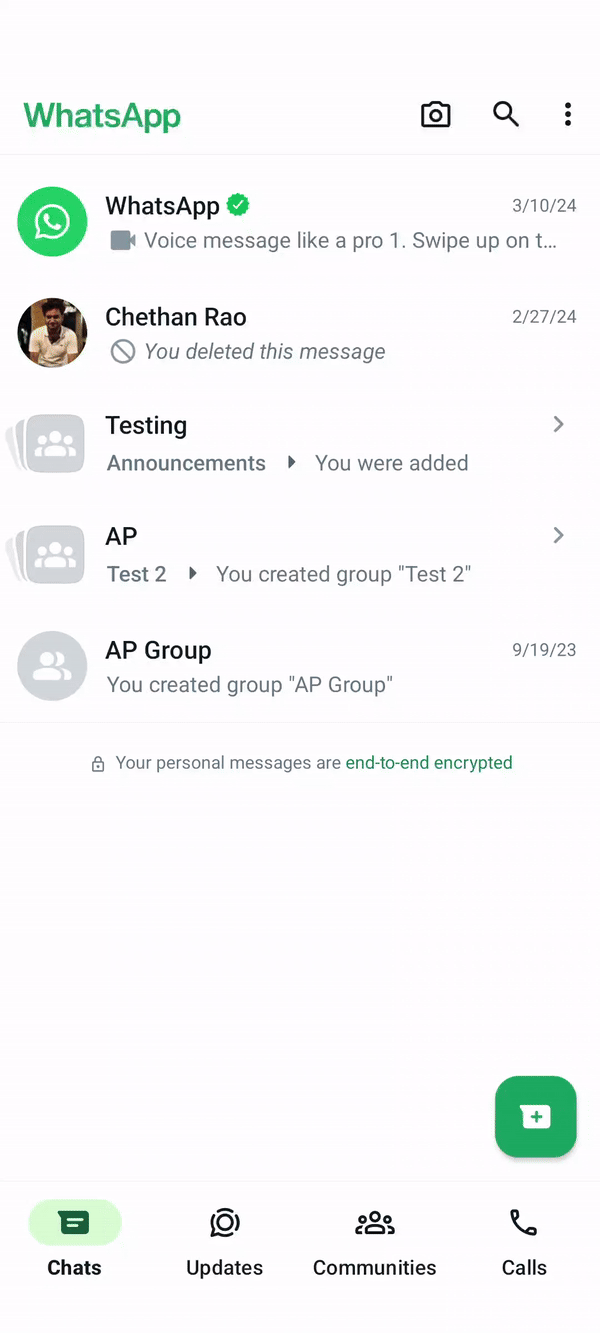 Glisser l'interface WhatsApp sur Android