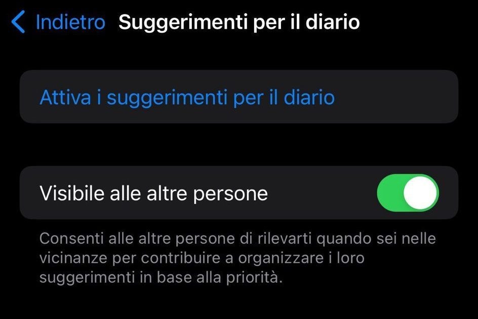 Le cas de l'option "Visible aux autres personnes" sur iPhone : elle s'est activée automatiquement pour tous 3 IPHONE | Uno screenshot dell'impostazione Suggerimenti per il diario