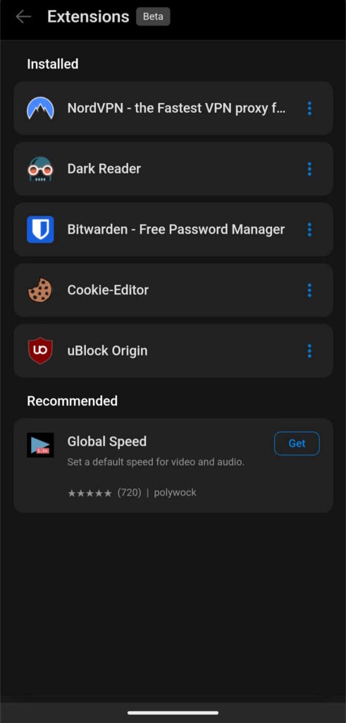 Astuce : Vous pouvez désormais également installer des extensions sur la version Android d'Edge 3 Extensions de navigateur Edge Android