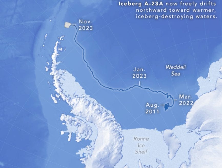 Il viaggio dell'iceberg A23a. Credit: NASA