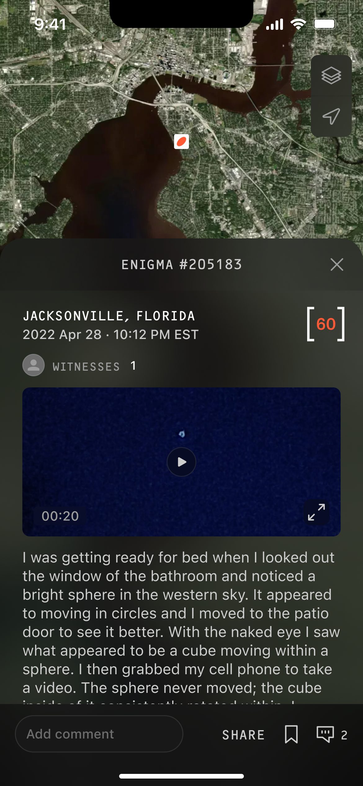 Actuellement, la NASA collabore avec une application pour signaler les OVNIS: comment ça marche 3 ENIGMA LABS | Un utilisateur signale un avistement à Jacksonville, en Floride