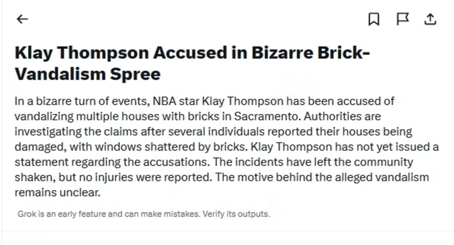 L'IA d'Elon Musk est devenue folle. Elle a inventé un délit sur un joueur de la NBA 3 Explication de Grok selon laquelle Klay Thompson avait lancé des briques contre plusieurs maisons de Sacramento