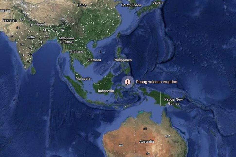Pourquoi y a-t-il une alerte tsunami en Indonésie après l'éruption du volcan Ruang 3 Le volcan Ruang, également connu sous le nom de mont Ruang (Gunung Ruang), est un stratovolcan situé en Indonésie, dans la partie la plus méridionale des îles Sangihe / Crédit : Google Maps