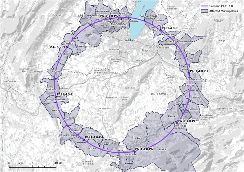 Comment fonctionnera le Future Circular Collider (FCC), l'accélérateur de particules de 15 milliards d'euros 3 La posible posição del Future Circular Collider (FCC): en el mapa están indicados los ocho sitios de superficie (siete en Francia y uno en Suiza), que albergarán infraestructuras técnicas o experimentos científicos. PA en Ferney Voltaire, PB en Présinge/Choulex (Suiza), PD en Nangy, PF en Etaux, PG en Charvonnex/Groisy, PH en Cercier, PJ en Vulbens/Dingy y PL en Challex. Credit: CERN