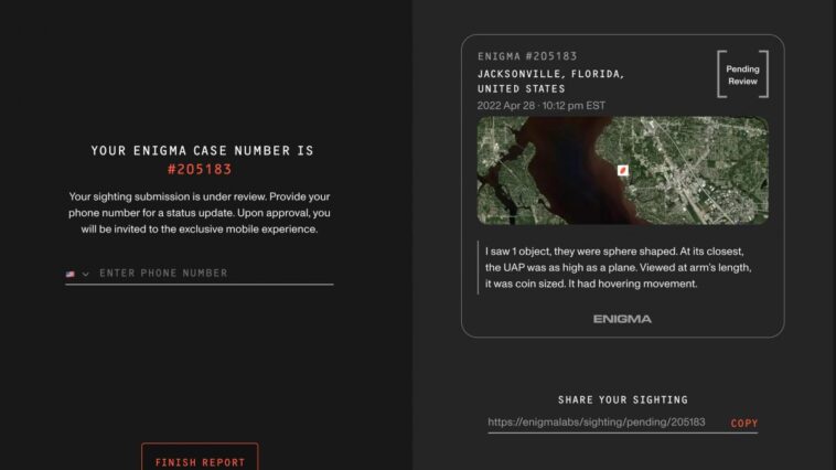 Actuellement, la NASA collabore avec une application pour signaler les OVNIS: comment ça marche 1 ENIGMA LABS | Une capture d'écran d'un signalement d'OVNI