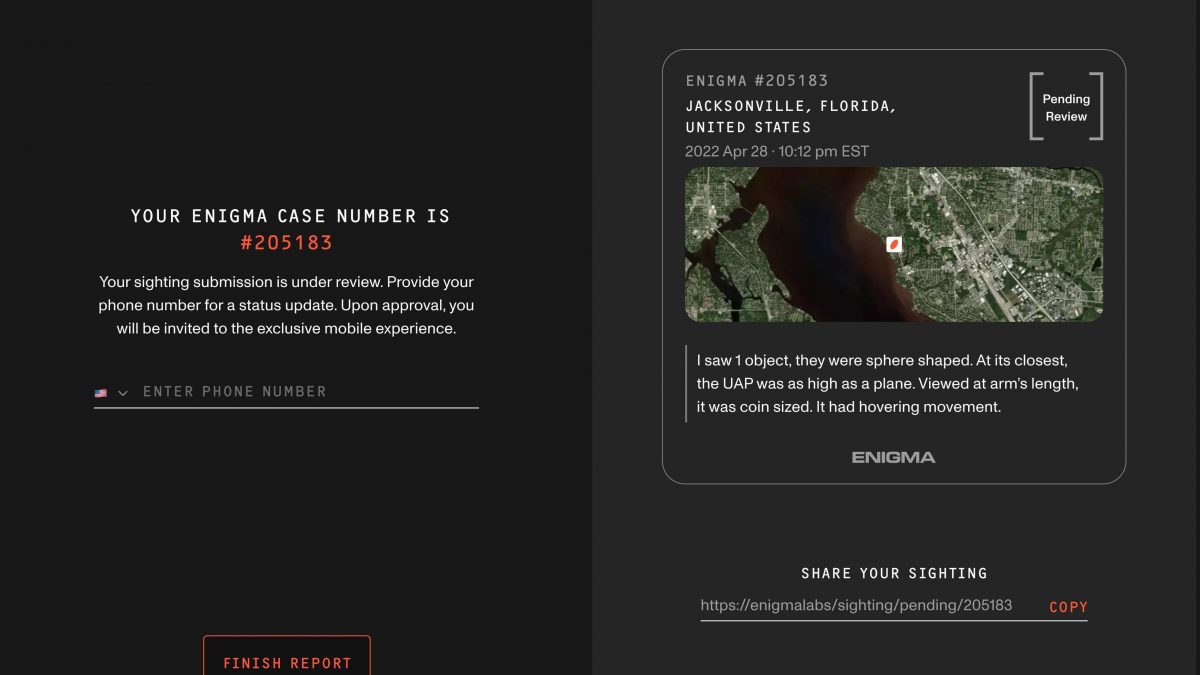 Actuellement, la NASA collabore avec une application pour signaler les OVNIS: comment ça marche 2 ENIGMA LABS | Une capture d'écran d'un signalement d'OVNI