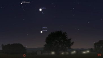 Qu'est-ce que sont les petites gemmes lumineuses sous la Lune dans le ciel du 11 avril: à quelle heure les voir 23 Simulation de l'alignement astral entre la lune et les Pléiades le 11 avril 2024. Crédit : Stellarium