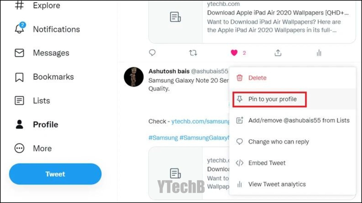 Tweet épinglé sur le Web