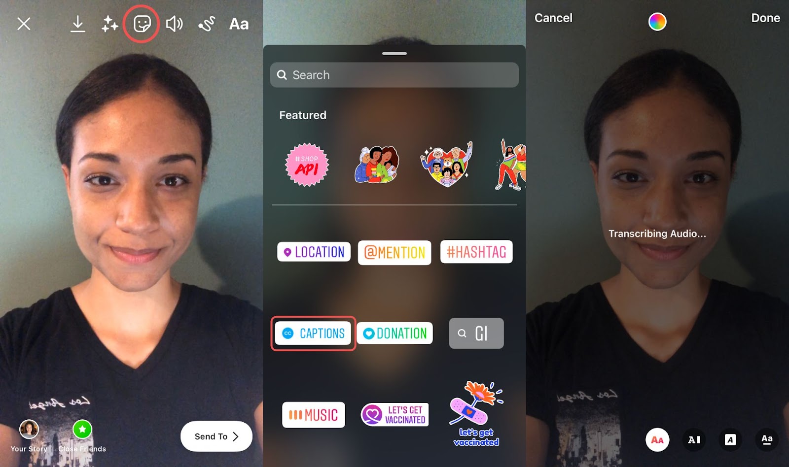 Comment ajouter automatiquement des légendes aux Stories Instagram 3 trois captures d'écran montrant comment utiliser l'autocollant de sous-titres automatiques sur les Instagram Stories