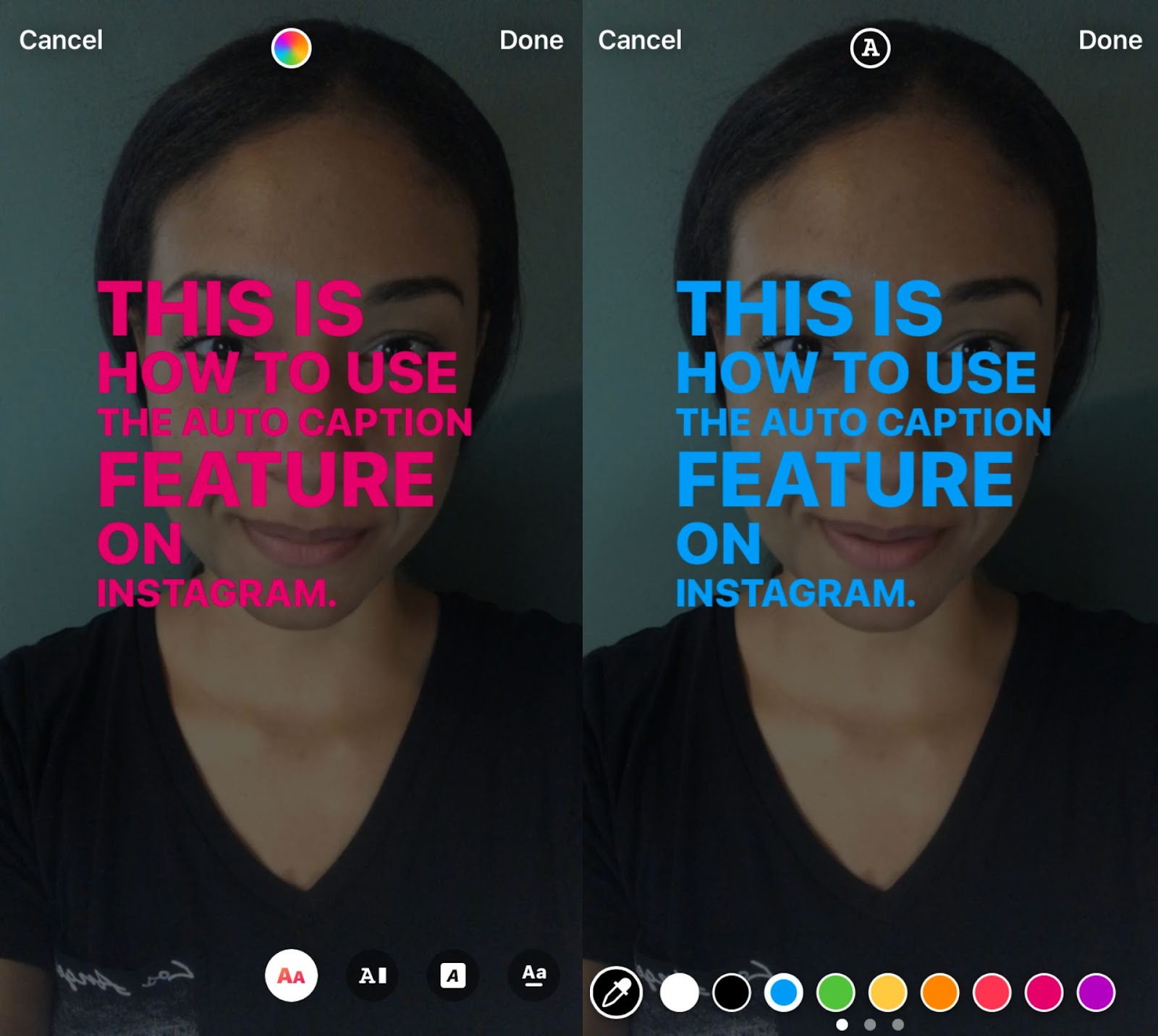 Comment ajouter automatiquement des légendes aux Stories Instagram 6 deux captures d'écran montrant comment changer la couleur des légendes sur Instagram Story