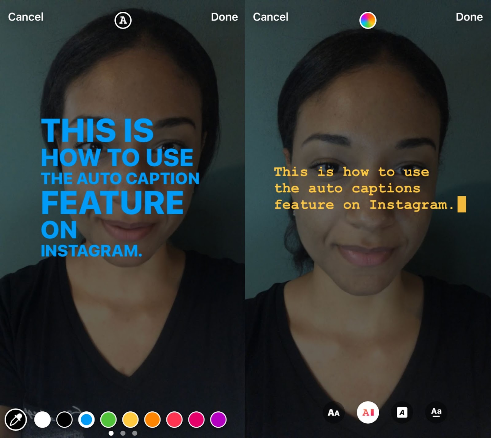 Comment ajouter automatiquement des légendes aux Stories Instagram 7 deux captures d'écran montrant deux effets de texte du l'autocollant de sous-titrage automatique d'Instagram