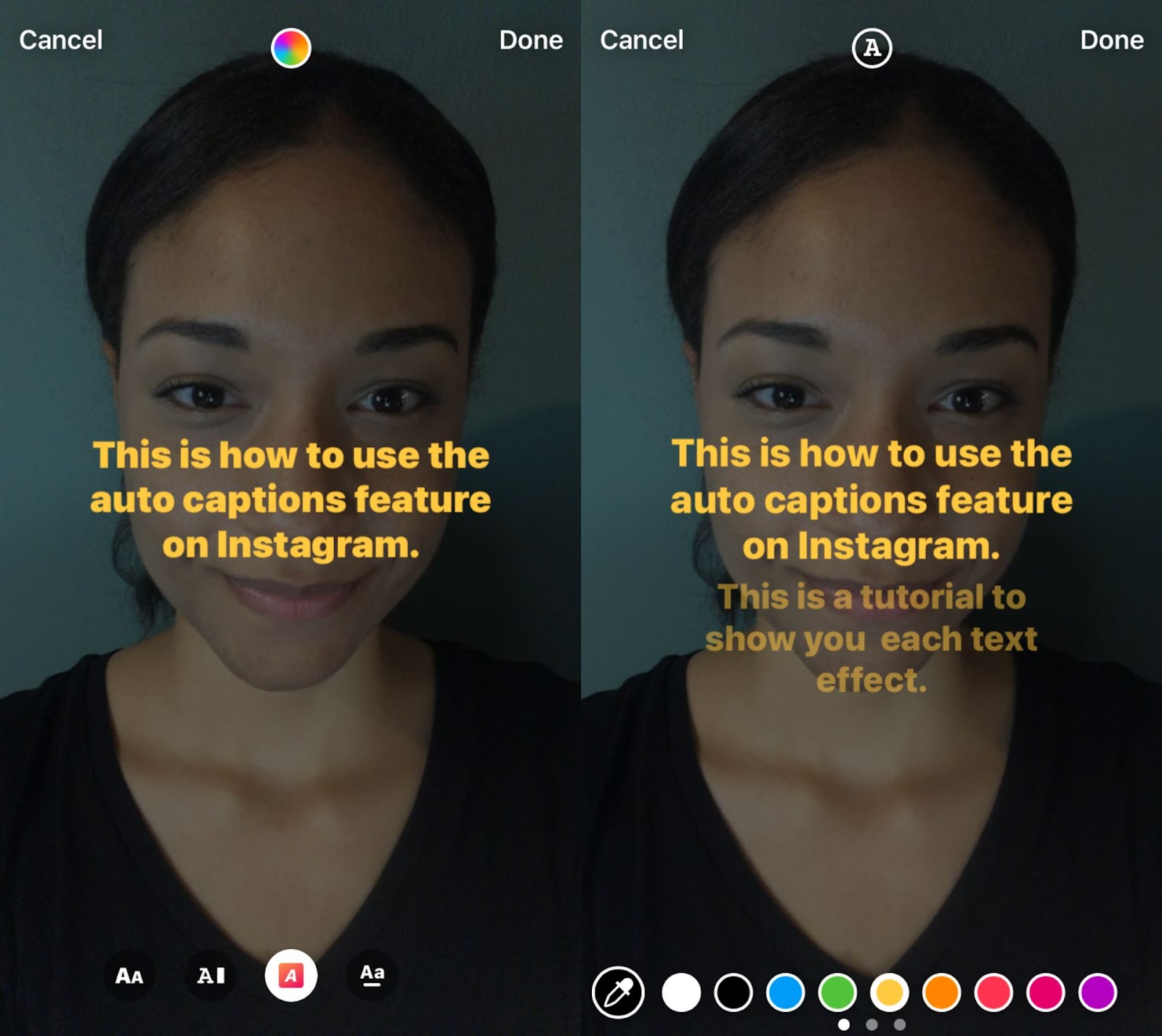 Comment ajouter automatiquement des légendes aux Stories Instagram 8 deux captures d'écran montrant des effets de texte de l'autocollant de sous-titrage automatique d'Instagram