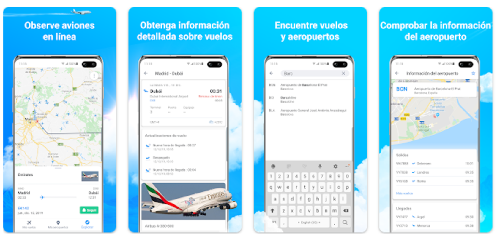 Comment suivre un vol en temps réel depuis un téléphone portable 5 Captures de l'application aviones en vivo